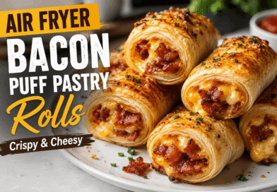 Air fryer bacon puff pastry rolls with crispy bacon and melted cheese