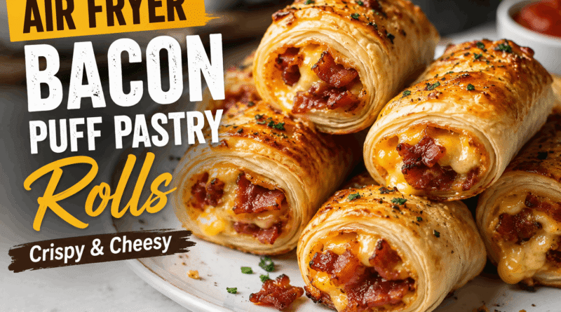 Air fryer bacon puff pastry rolls with crispy bacon and melted cheese