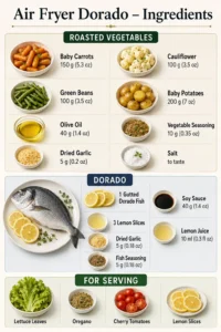 Air Fryer Dorado ingredients including fish, vegetables, lemon, garlic, soy sauce and seasonings
