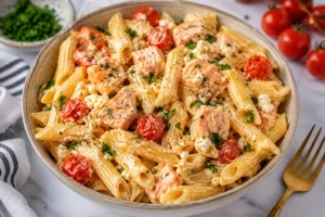 Air fryer trout pasta with creamy sauce, cherry tomatoes, feta cheese, and fresh herbs.