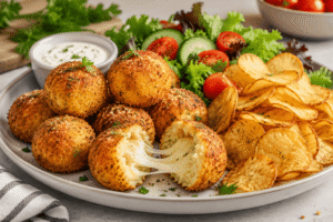 Golden crispy air fryer potato cheese balls plated with potato chips, fresh salad, and a creamy dip, with one ball cut open to show the melted cheese center