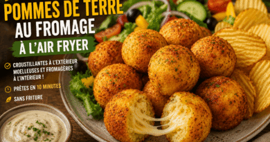 Boulettes de pommes de terre au fromage à l’Air Fryer, croustillantes et dorées avec cœur fondant au fromage, salade et chips