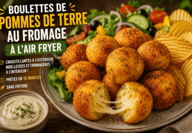Boulettes de pommes de terre au fromage à l’Air Fryer, croustillantes et dorées avec cœur fondant au fromage, salade et chips