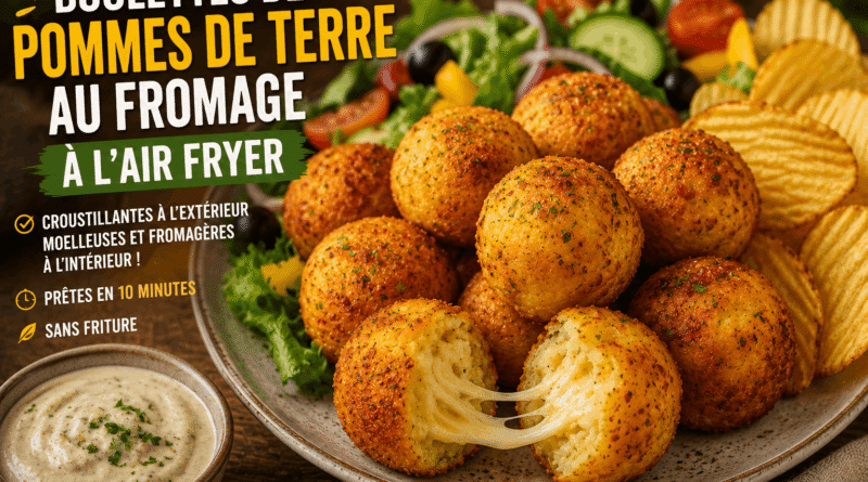 Boulettes de pommes de terre au fromage à l’Air Fryer, croustillantes et dorées avec cœur fondant au fromage, salade et chips