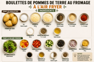Ingrédients pour boulettes de pommes de terre au fromage à l’Air Fryer avec pommes de terre, parmesan, mozzarella, paprika fumé, ail et herbes