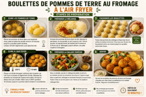 Étapes de préparation des boulettes de pommes de terre au fromage à l’Air Fryer, de la cuisson des pommes de terre au façonnage et à la cuisson à 200°C
