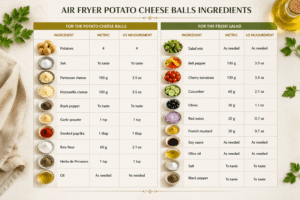 Infographic chart listing the ingredients and measurements for the air fryer potato cheese balls and the fresh salad