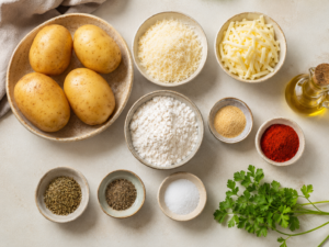 Raw ingredients for air fryer potato cheese balls laid out in bowls, including potatoes, Parmesan, mozzarella, rice flour, garlic powder, smoked paprika, herbs, salt, pepper, and oil