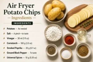 Ingredientes das Batatas Chips Air Fryer, incluindo batatas, vinagre, amido de milho, páprica defumada, sal e especiarias