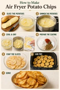 Preparo passo a passo das Batatas Chips Air Fryer, desde as batatas fatiadas até as chips douradas