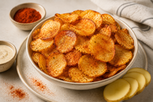 Batatas Chips Air Fryer douradas e crocantes servidas em uma tigela