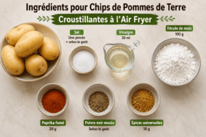 Ingrédients pour les chips de pommes de terre à l’Air Fryer : pommes de terre, sel, vinaigre, fécule de maïs, paprika fumé, poivre noir moulu et épices universelles.