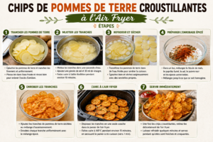 Étapes pour préparer des chips de pommes de terre croustillantes à l’Air Fryer : trancher, mijoter, refroidir et sécher, assaisonner, enrober, cuire à 165 °C puis servir.