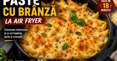 Paste cu brânză cremoase și aurii la air fryer, cu topping crocant de brânză și busuioc proaspăt