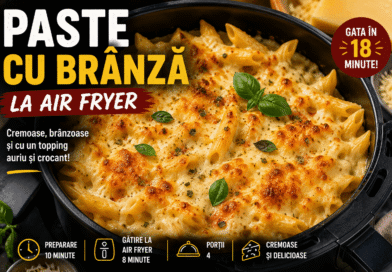 Paste cu brânză cremoase și aurii la air fryer, cu topping crocant de brânză și busuioc proaspăt