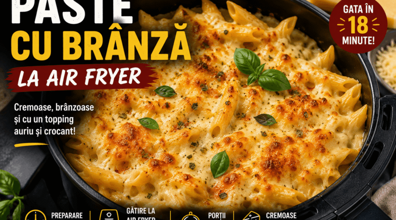 Paste cu brânză cremoase și aurii la air fryer, cu topping crocant de brânză și busuioc proaspăt