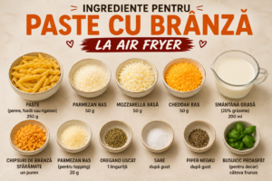 Ingrediente pentru paste cu brânză la air fryer, inclusiv paste, parmezan, mozzarella, cheddar, smântână grasă, oregano, sare, piper și busuioc
