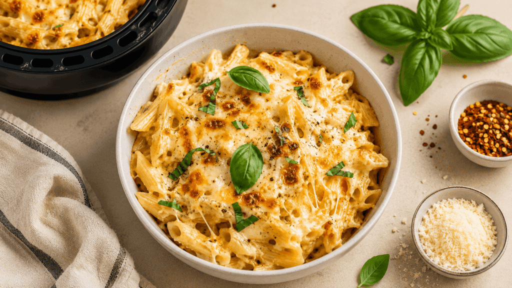 Pasta al forno filante in friggitrice ad aria con formaggio fuso servita in teglia