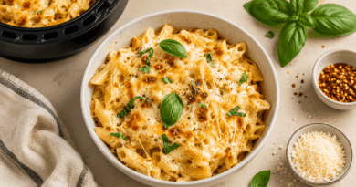 Pasta al forno filante in friggitrice ad aria con formaggio fuso servita in teglia