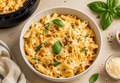 Pasta al forno filante in friggitrice ad aria con formaggio fuso servita in teglia