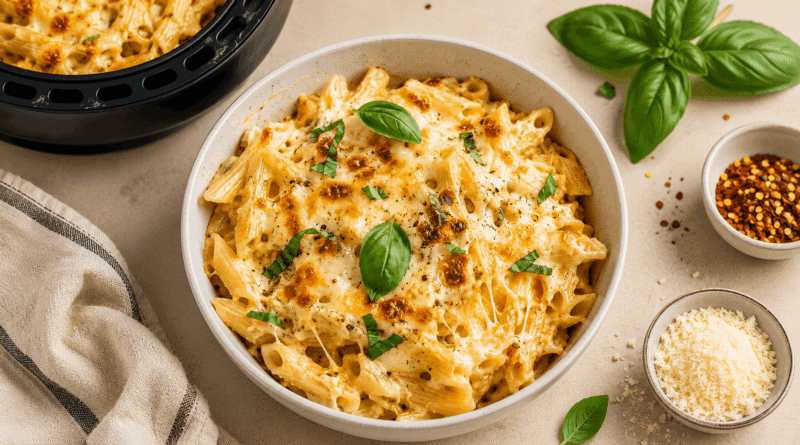 Pasta al forno filante in friggitrice ad aria con formaggio fuso servita in teglia