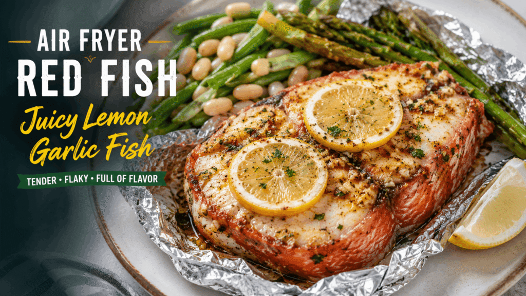 Juicy Air Fryer Red Fish steak cooked with lemon, garlic, and herbs, served with asparagus, white beans, and green beans.