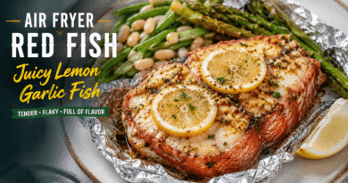 Juicy Air Fryer Red Fish steak cooked with lemon, garlic, and herbs, served with asparagus, white beans, and green beans.