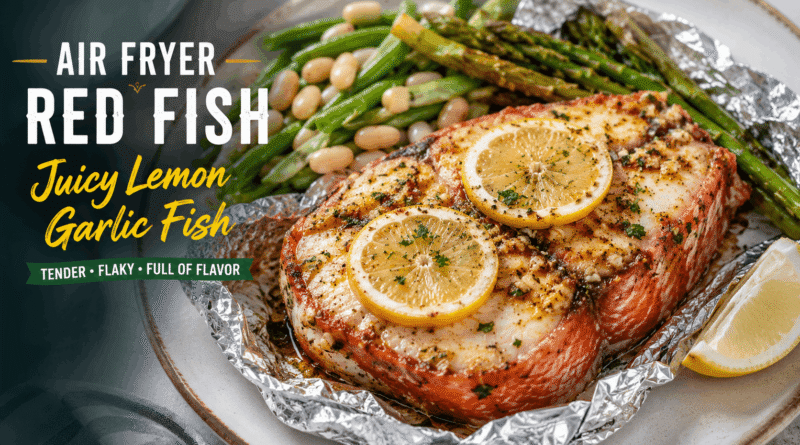 Juicy Air Fryer Red Fish steak cooked with lemon, garlic, and herbs, served with asparagus, white beans, and green beans.