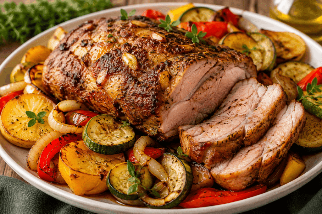 Golden air fryer pork with roasted vegetables, including potatoes, zucchini, bell peppers and onions, served as a complete family dinner.