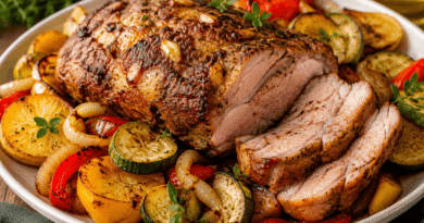 Golden air fryer pork with roasted vegetables, including potatoes, zucchini, bell peppers and onions, served as a complete family dinner.
