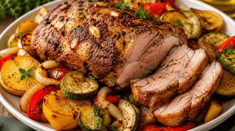 Golden air fryer pork with roasted vegetables, including potatoes, zucchini, bell peppers and onions, served as a complete family dinner.