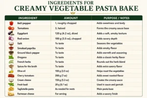 Creamy Vegetable Pasta Bake ingredients table showing bell pepper, tomatoes, eggplant, red onion, spices, olive oil, cherry tomatoes, cream cheese, fresh basil, tagliatelle pasta, and Parmesan cheese with amounts and purposes.