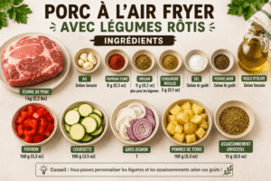 Ingrédients pour porc à l’Air Fryer avec échine de porc, ail, paprika fumé, origan, coriandre, légumes et pommes de terre