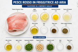 Ingredienti per pesce rosso in friggitrice ad aria con limone, aglio, erbe e verdure