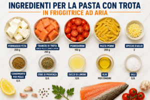 Ingredienti per pesce rosso in friggitrice ad aria con limone, aglio, erbe e verdure
