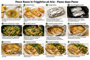 Pesce rosso in friggitrice ad aria con limone e aglio, infografica con passaggi dettagliati dalla preparazione della marinata alla cottura e al servizio con asparagi e fagioli.