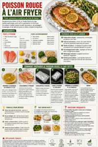 Infographie recette du poisson rouge à l'air fryer avec ingrédients, étapes de préparation, cuisson à 205°C et accompagnement