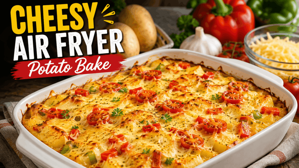 Cheesy air fryer potato bake with golden potatoes, melted cheese, cherry tomatoes and bell peppers