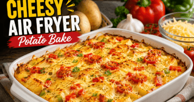 Cheesy air fryer potato bake with golden potatoes, melted cheese, cherry tomatoes and bell peppers