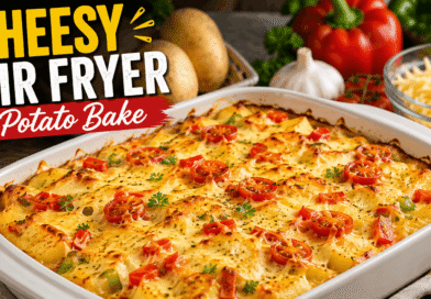 Cheesy air fryer potato bake with golden potatoes, melted cheese, cherry tomatoes and bell peppers