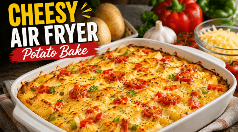 Cheesy air fryer potato bake with golden potatoes, melted cheese, cherry tomatoes and bell peppers
