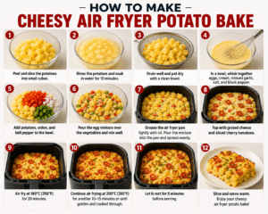 Step-by-step preparation of cheesy air fryer potato bake with layered potatoes, vegetables, creamy egg mixture and melted cheese