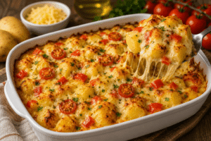 Creamy cheesy air fryer potato bake with golden potatoes, bell peppers, cherry tomatoes and melted cheese