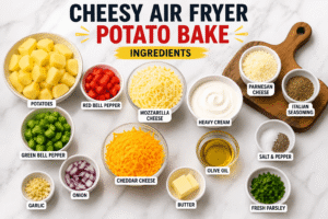 Ingredients for cheesy air fryer potato bake including potatoes, onion, bell pepper, eggs, cream, garlic, cheese and cherry tomatoes