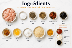 Ingrédients pour préparer des nuggets de poulet à l’air fryer : filet de poulet, chapelure, œuf, fécule, curcuma, épices, olives et tomates séchées