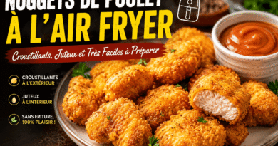Nuggets de poulet à l’air fryer dorés et croustillants, avec un intérieur tendre et juteux, servis avec une sauce maison
