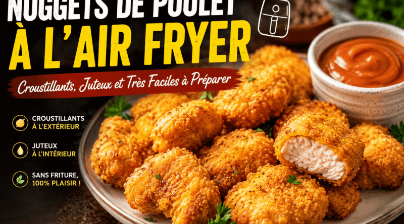 Nuggets de poulet à l’air fryer dorés et croustillants, avec un intérieur tendre et juteux, servis avec une sauce maison