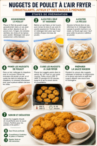 Étapes de préparation des nuggets de poulet à l’air fryer : assaisonner et mariner le poulet, ajouter la fécule, paner les morceaux, les cuire à l’air fryer, préparer la sauce et servir