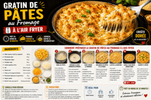 Ingrédients pour gratin de pâtes au fromage à l’air fryer avec pâtes, parmesan, mozzarella, cheddar et crème
