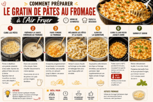 Étapes pour préparer un gratin de pâtes au fromage à l’air fryer avec sauce crémeuse et fromage doré